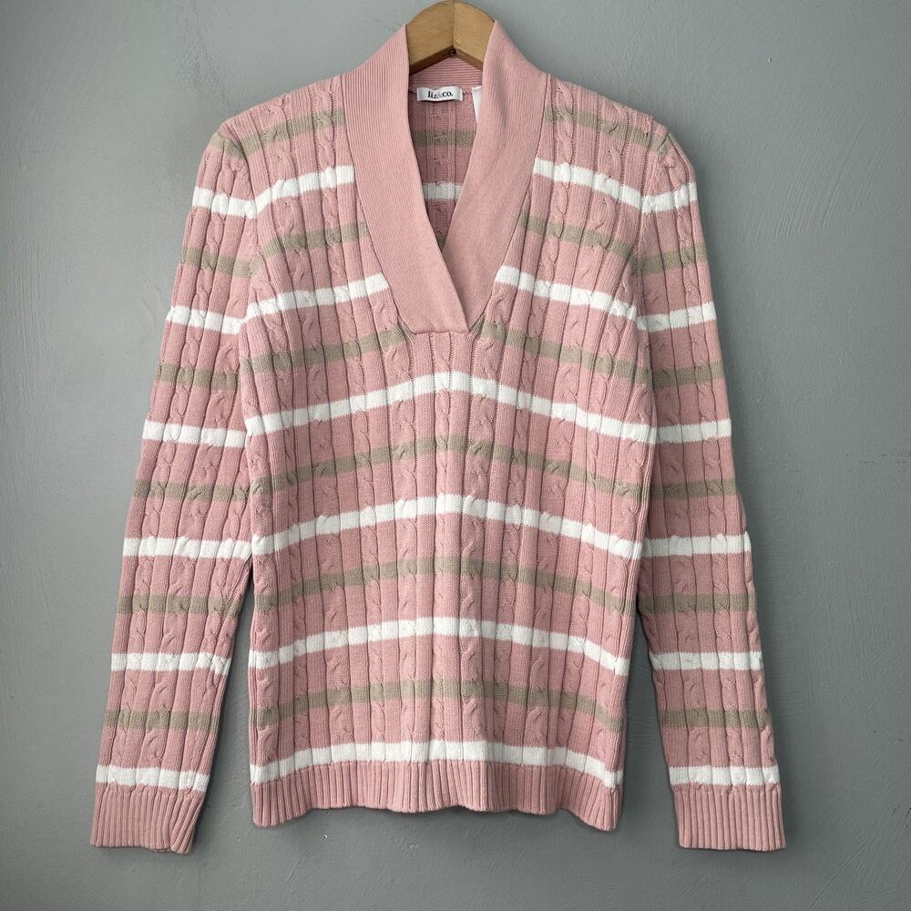 Liz & Co Sweater Size XL Pink Striped Preppy Tennis Cable Knit Academia V-neck